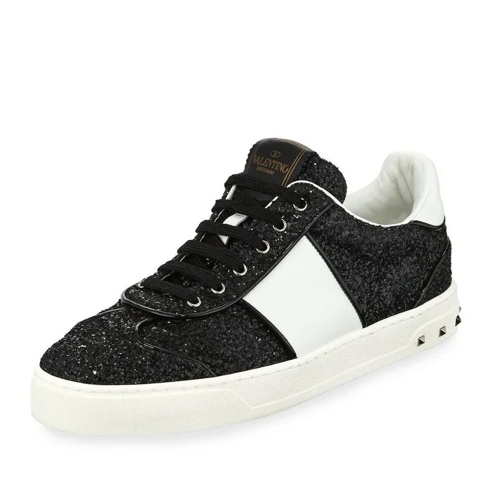 EUC Valentino Garavani Glitter Rockstud Lace Up Sneakers BLACK 37.5 FLY CREW - Picture 13 of 13
